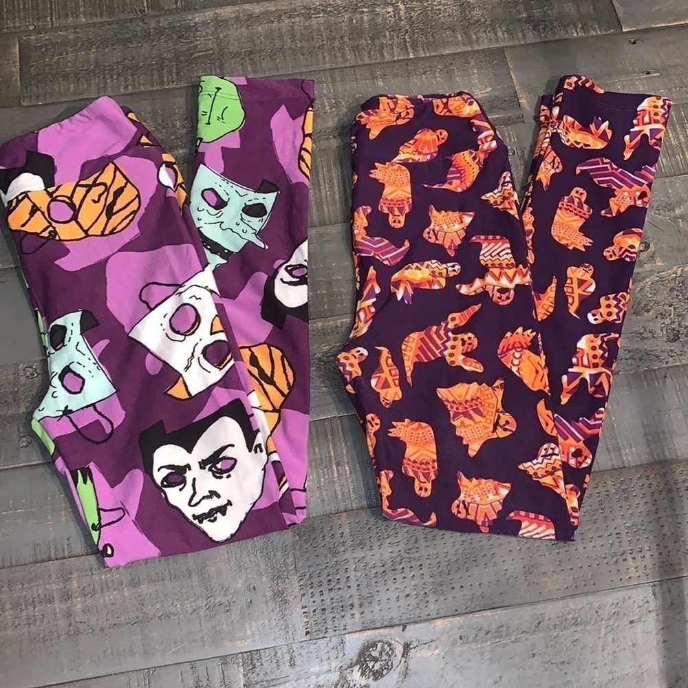 LuLaRoe Kids Halloween Leggings Lot 2 Pairs Monster Masks Geometric Ghosts‎ L/XL